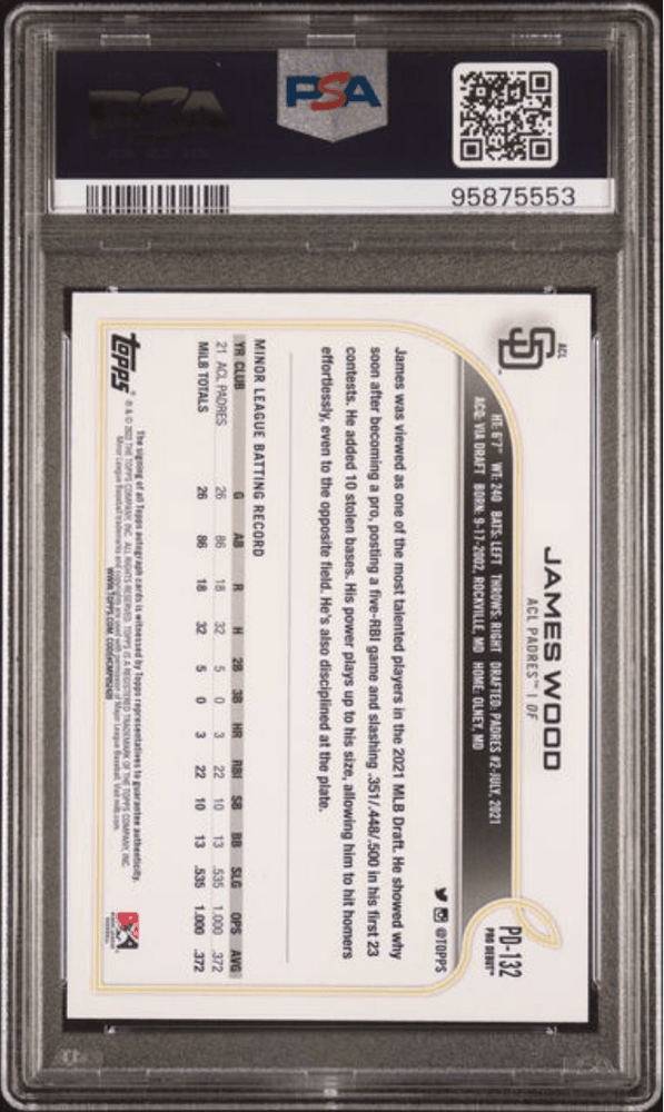 Graded 2022 Topps Pro Debut James Wood #PD132 Autograph Rookie RC Baseball Card PSA 10 Gem Mint