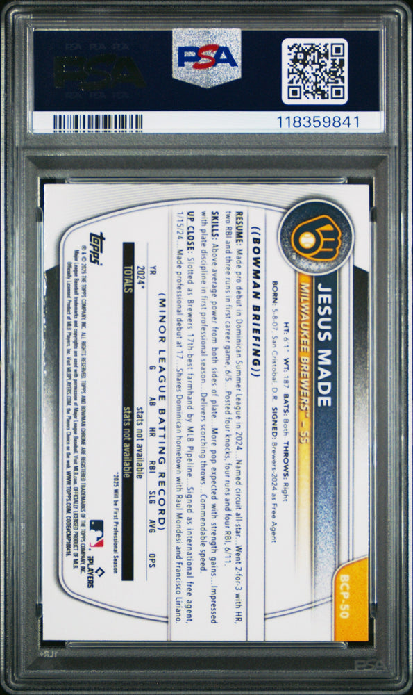 Graded 2025 Topps Bowman Jesus Made #BCP50 Chrome Prospects Reptilian Refractor Rookie RC Baseball Card PSA 10 Gem Mint