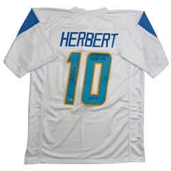 Autographed/Signed Justin Herbert 2020 ROY Los Angeles San Diego White Football Jersey Beckett BAS COA (ONLINE ORDER ONLY)
