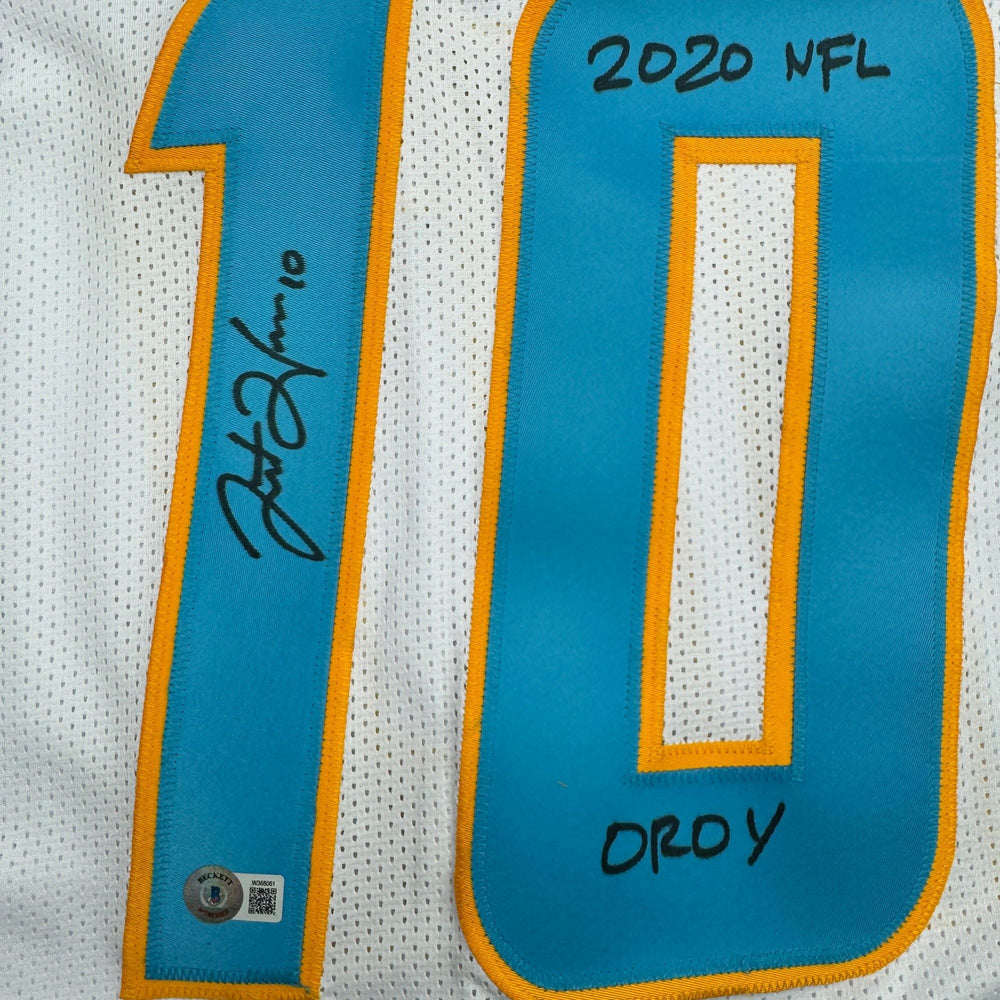 Autographed/Signed Justin Herbert 2020 ROY Los Angeles San Diego White Football Jersey Beckett BAS COA (ONLINE ORDER ONLY)
