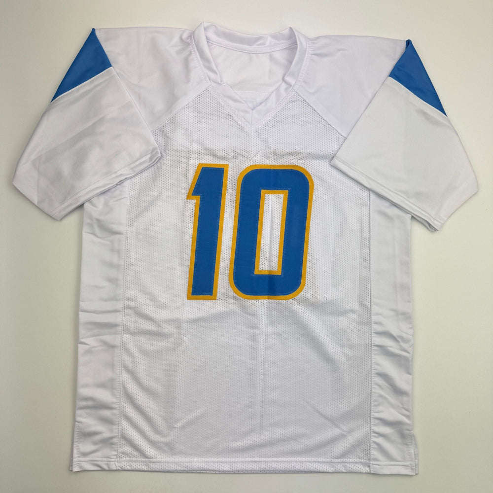 Autographed/Signed Justin Herbert 2020 ROY Los Angeles San Diego White Football Jersey Beckett BAS COA (ONLINE ORDER ONLY)