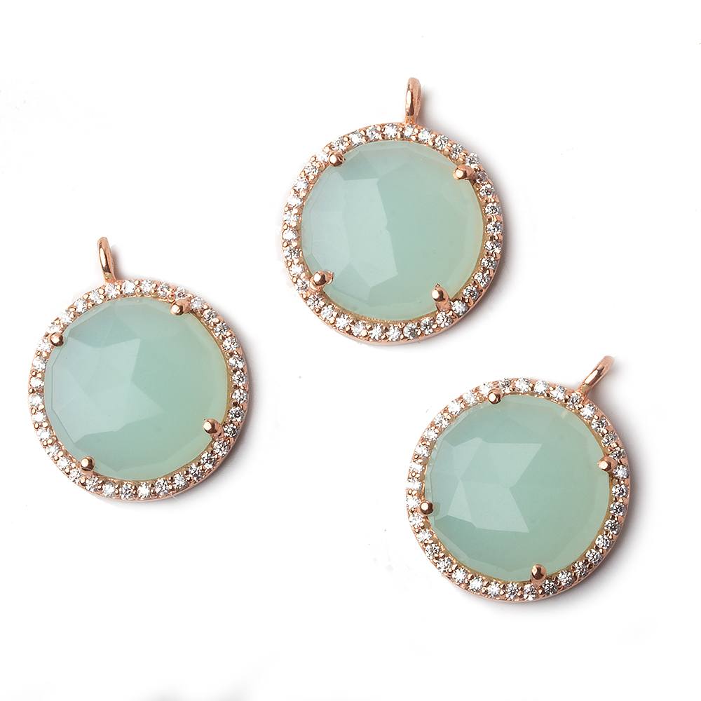 17mm Rose Gold CZ Bezel Seafoam Chalcedony Coin Pendant 1 piece