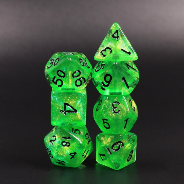 Forest Green Glitter with Black Numbering 7-Dice Set RPG (Online Only)