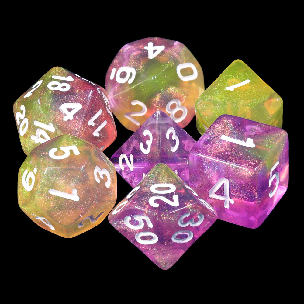 Lemon Jelly Purple/Yellow Glitter 7-Dice Set by HendgaDice (Online Only)