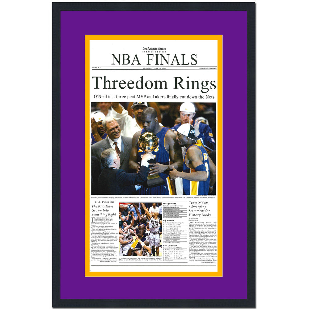 Framed Los Angeles LA Times Lakers Threedom Rings 2002 NBA Finals Champions 14x22 Basketball Newspaper Cover Photo Professionally Matted (ONLINE ORDER ONLY)