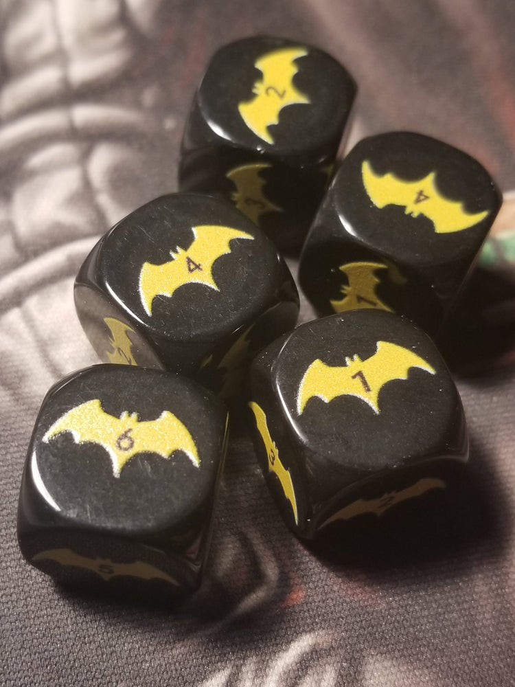 Yellow Bat Black Dice 6 Sided 16mm (Custom Printed) (Online Only)