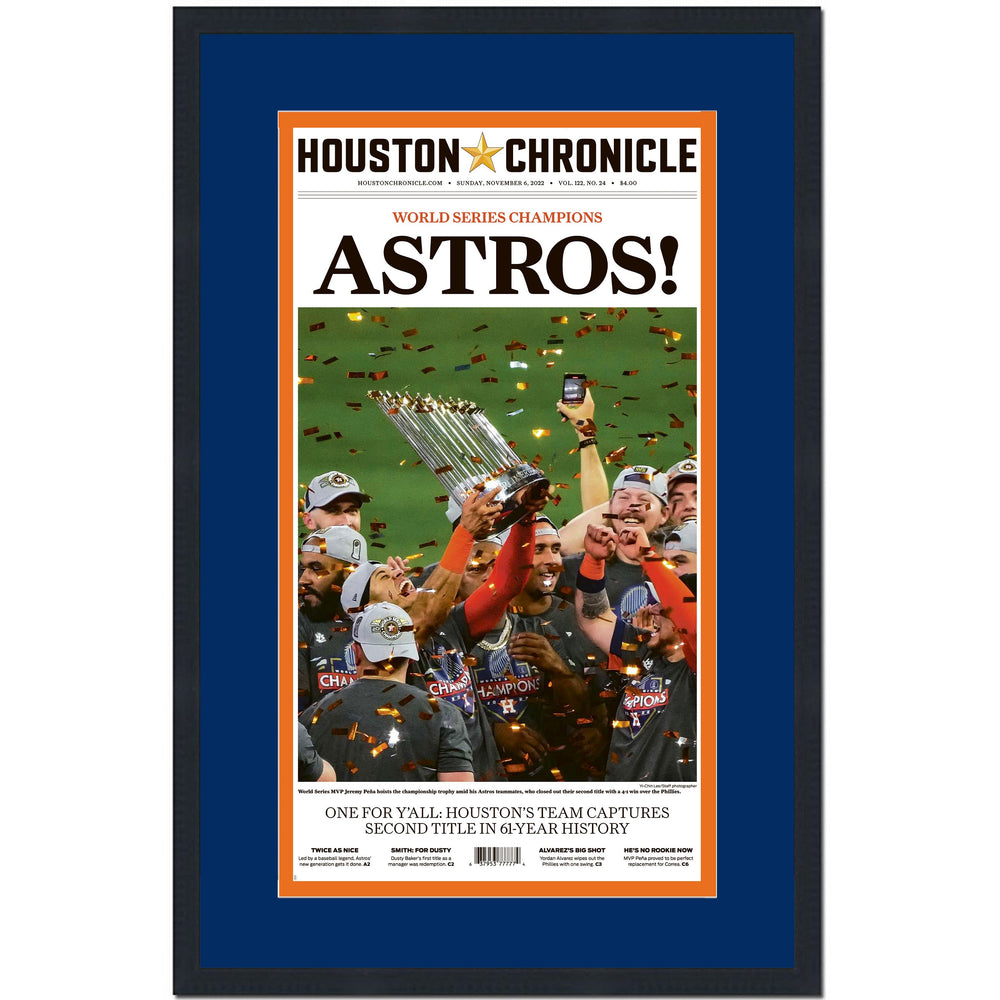Framed Houston Chronicle Astros! 2022 World Series Champions 17x27 Baseball Newspaper Cover Photo Professionally Matted V4 (ONLINE ORDER ONLY)