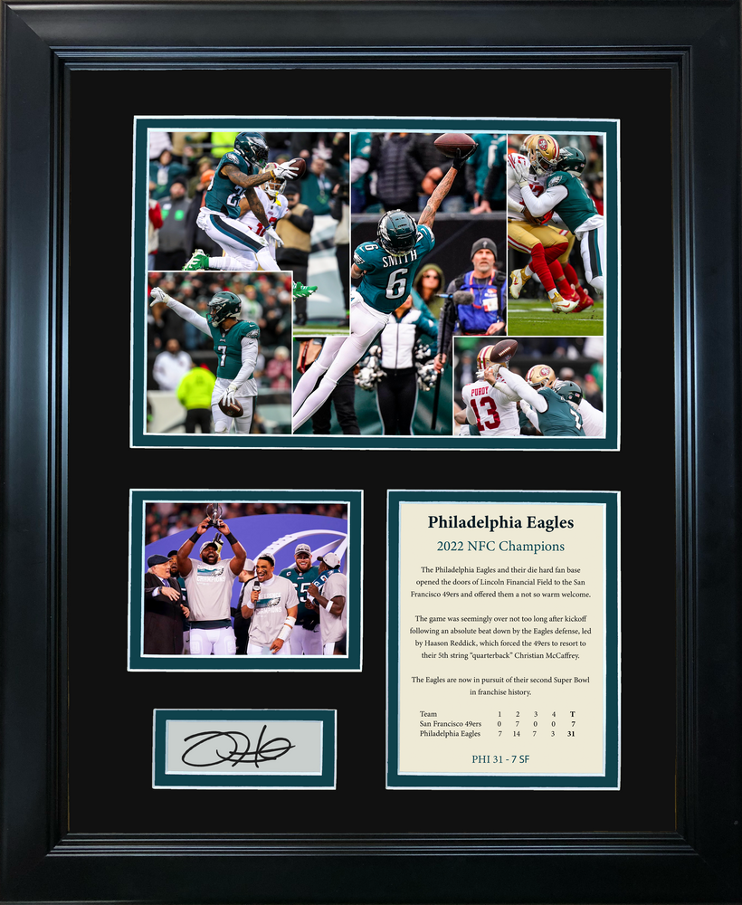 Framed 2022 Philadelphia Eagles NFC Champions Jalen Hurts Facsimile Laser Engraved Signature Auto Football 11"x14"Photo Sig Collage (ONLINE ORDER ONLY)