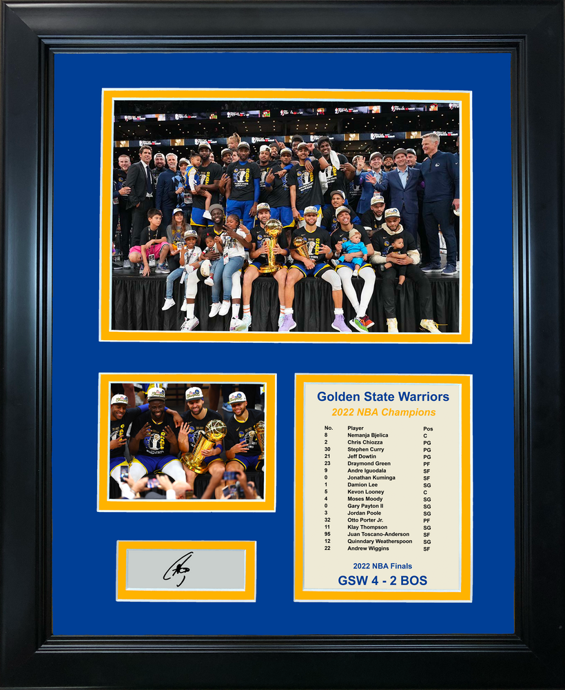 Framed Golden State Warriors 2022 NBA Finals Champions Stephen Curry MVP Facsimile Laser Engraved Signature Auto Basketball 11"x14" Photo Sig Collage (ONLINE ORDER ONLY)