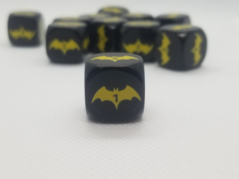 Yellow Bat Black Dice 6 Sided 16mm (Custom Printed) (Online Only)