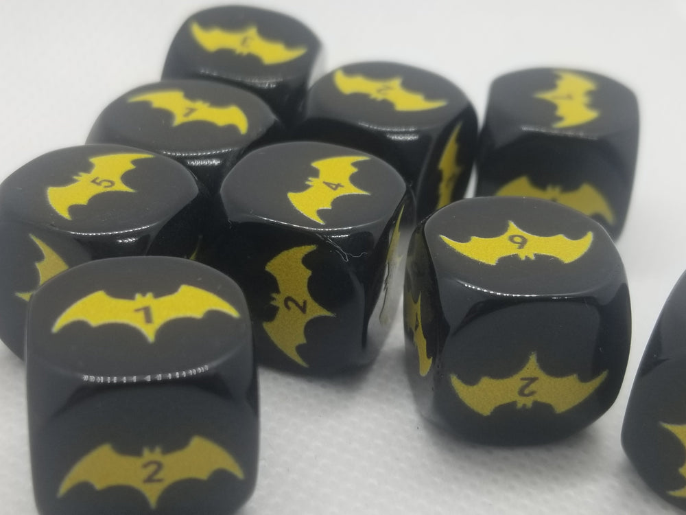 Yellow Bat Black Dice 6 Sided 16mm (Custom Printed) (Online Only)
