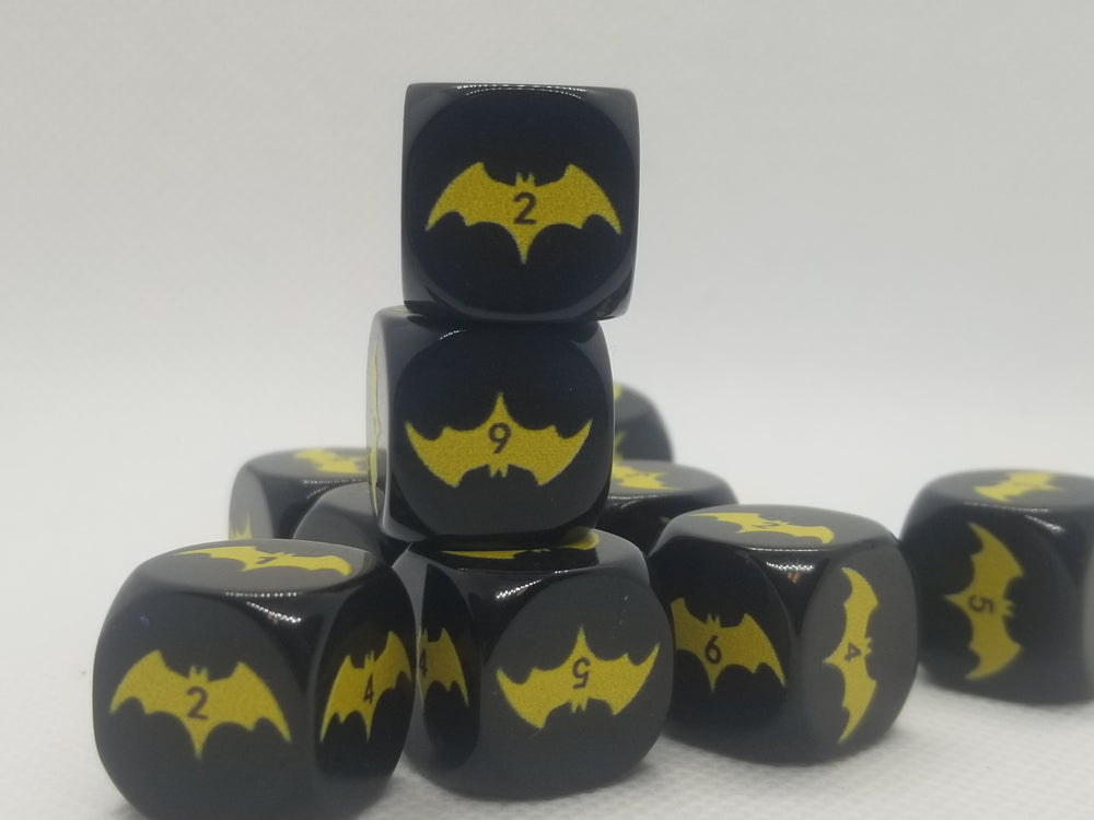 Yellow Bat Black Dice 6 Sided 16mm (Custom Printed) (Online Only)
