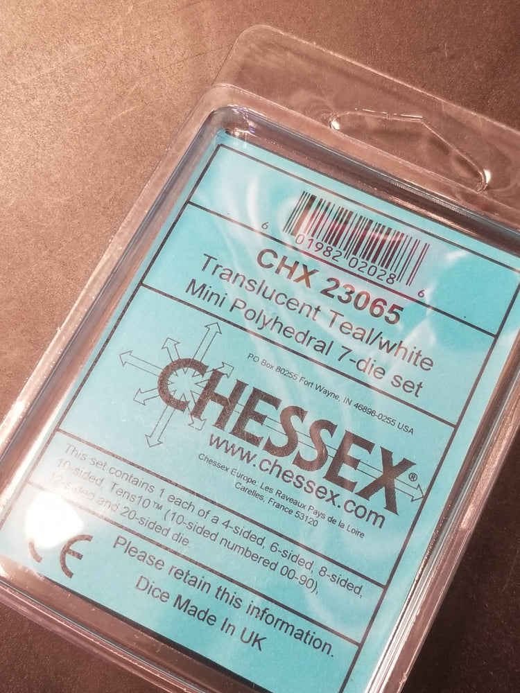 Chessex Translucent Teal w/ White Mini Polyhedral 7-die Set CHX 23065 OOP (Online Only)