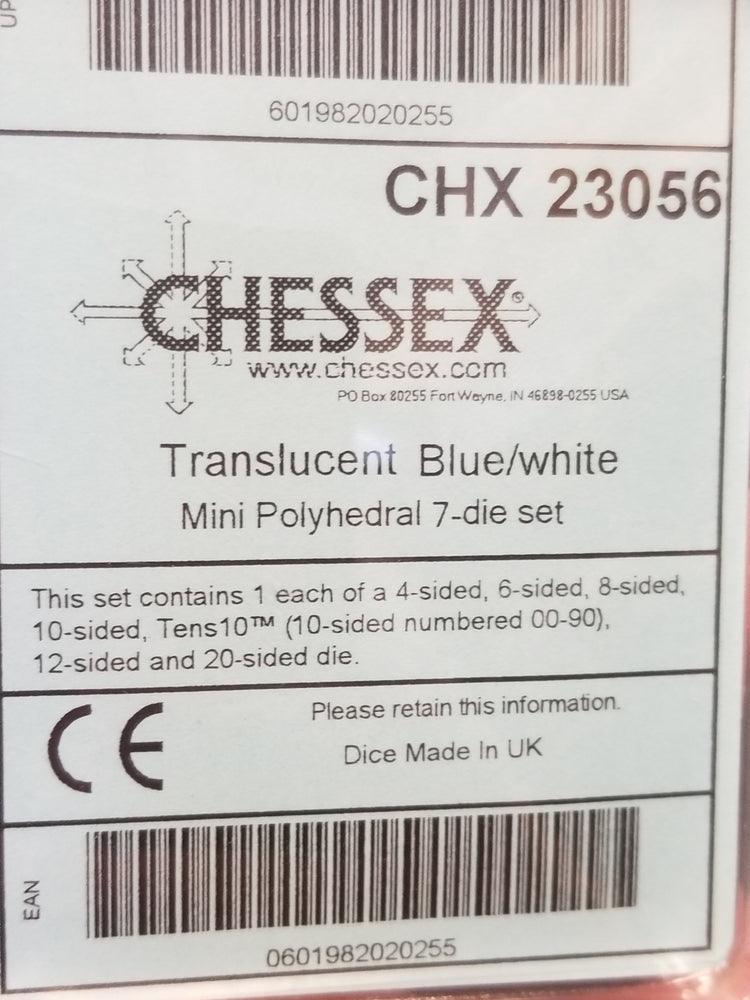 Chessex Translucent Blue w/ White Mini Polyhedral 7-die Set CHX 23056 OOP (Online Only)