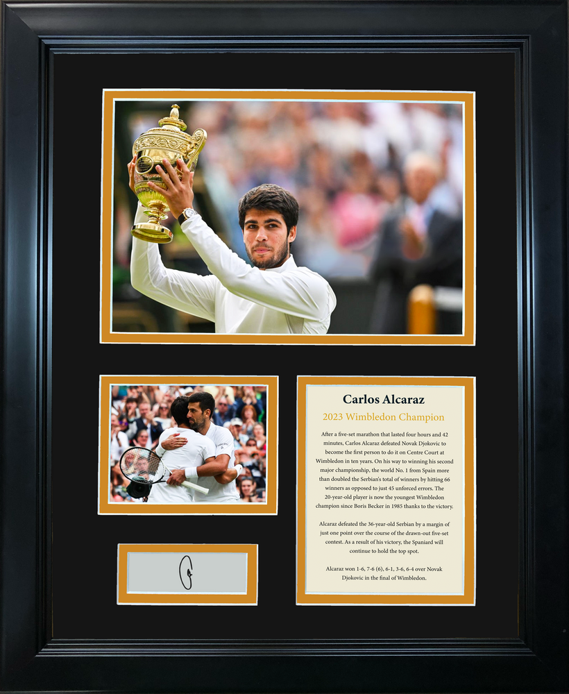 Framed Carlos Alcaraz 2023 Wimbledon Champion Facsimile Laser Engraved Signature Auto Tennis 11"x14" Photo Sig Collage (ONLINE ORDER ONLY)