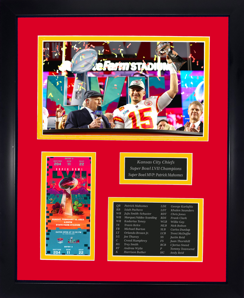 Framed Kansas City Chiefs Super Bowl LVII Champions Laser Engraved Commemorative Ticket Collage  12 x15  Football Photo (ONLINE ORDER ONLY)