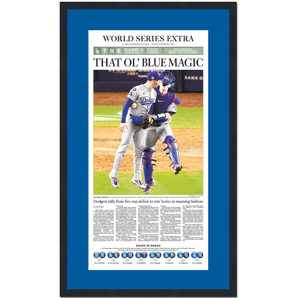 Framed Los Angeles LA Times Dodgers That Ol' Blue Magic 2024 World Series Champions 15x25 Baseball Newspaper Cover Photo Professionally Matted (ONLINE ORDER ONLY)