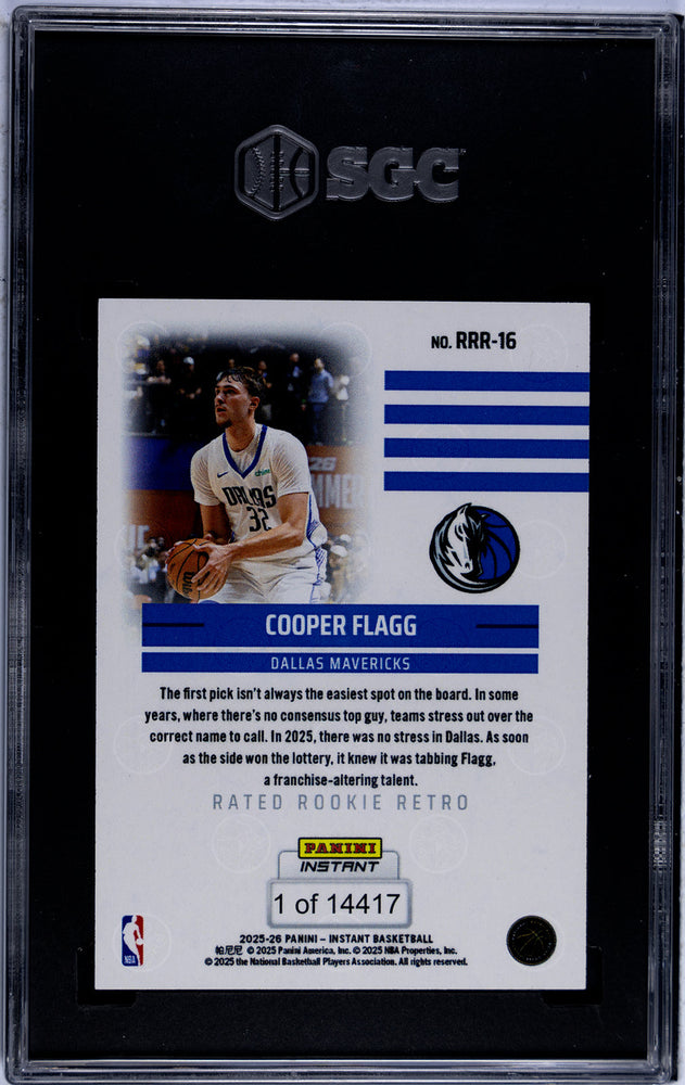Graded 2025 Panini Instant Cooper Flagg #RRR16 Rated Rookie Retro Rookie RC Basketball Card SGC 10 Gem Mint (ONLINE ORDER ONLY)