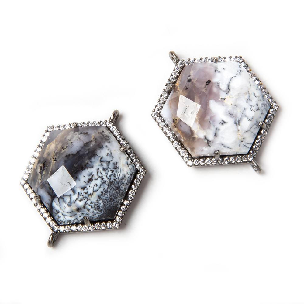 21mm Black Gold Bezeled White CZ & Dendritic Opal Hexagon Connector 1 pc (ONLINE ORDER ONLY)