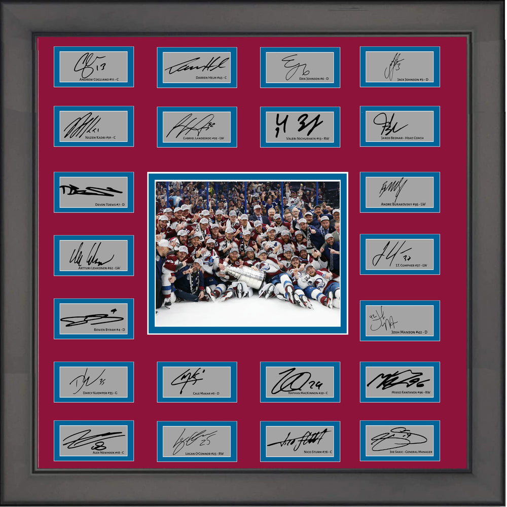 Framed 2022 Colorado Avalanche Stanley Cup Champions 22x Team Facsimile Laser Engraved Signature Auto Collage 26x25 Hockey Photo (ONLINE ORDER ONLY)