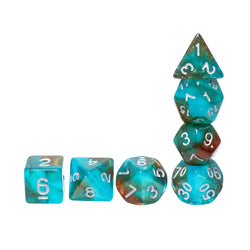 Neverland 7-Dice Set Teal/Orange w/Silver Numbers Dnd Dice Set (Blacklight reactive) (Online Only)