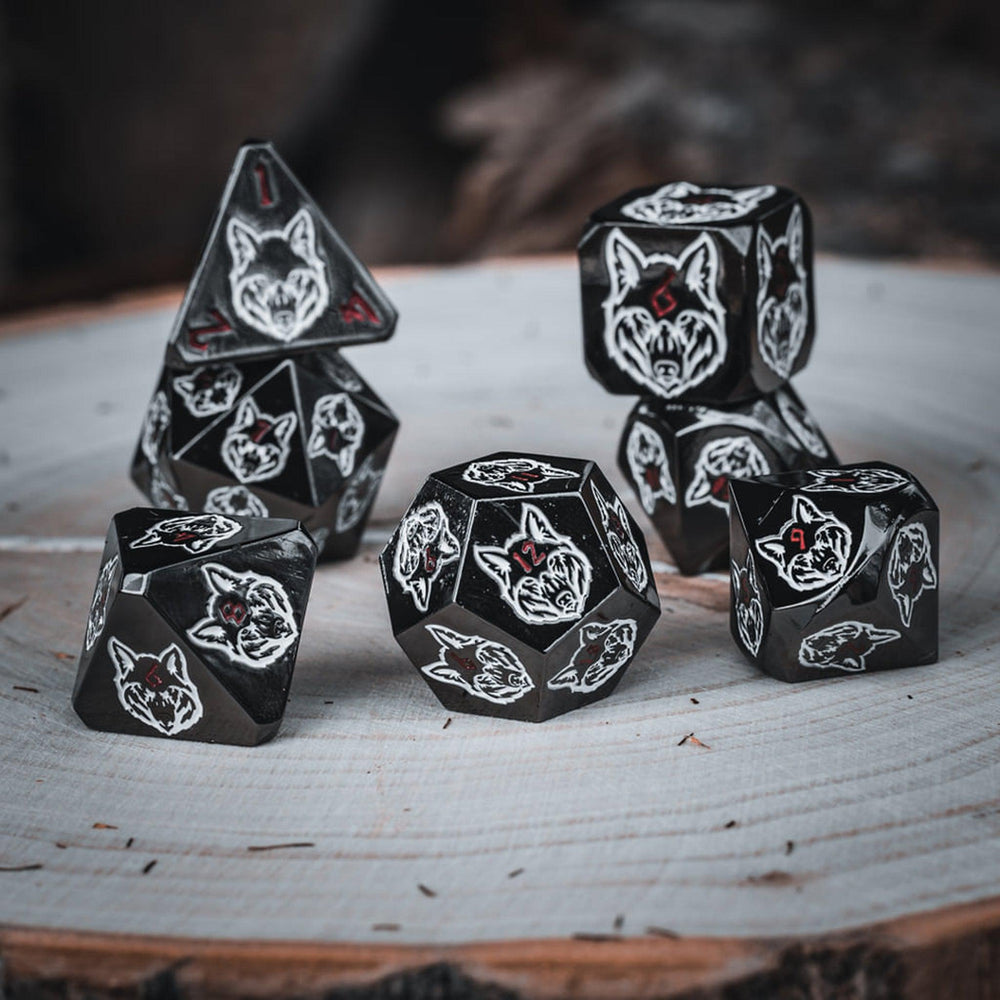 Wolves' Den White, Red, and Black Metal Dice Set (ONLINE ORDER ONLY)