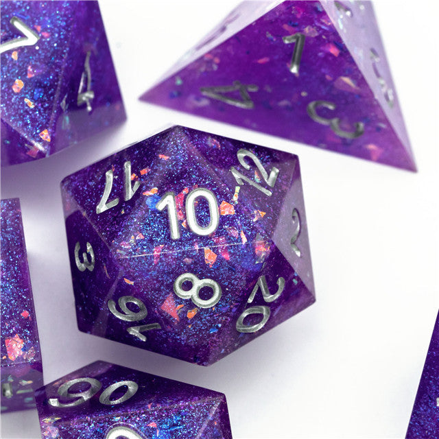 Purple Glitter Sharp Edge DND Dice Set | Gold Flake w/Silver Numbers (Online Only)