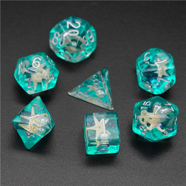 Starfish & Pearl Floating in Green Glitter 7-Dice Set (Online Only)
