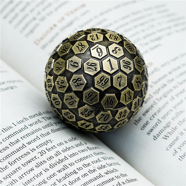 Metal Single 100 Sided Polyhedral Dice (D100) | Brass Color Solid (45mm) (Online Only)