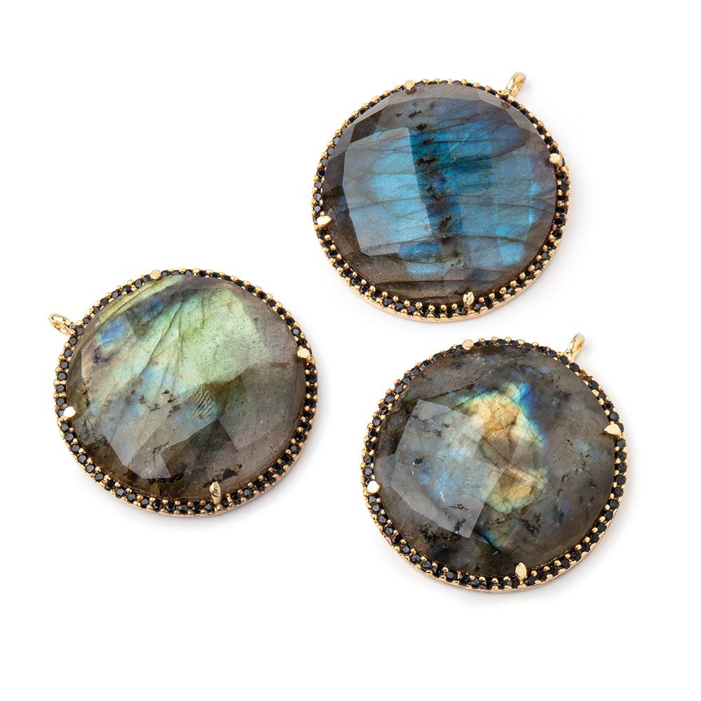 28mm Vermeil & Black CZ Bezel Labradorite Coin Pendant Focal Bead 1 piece (ONLINE ORDER ONLY)