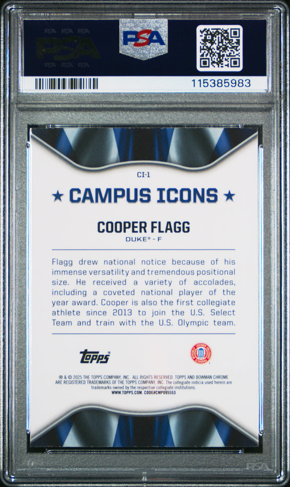 Graded 2024 Topps Bowman Chrome U Cooper Flagg #CI1 Campus Icons Rookie RC Basketball Card PSA 10 Gem Mint (ONLINE ORDER ONLY)