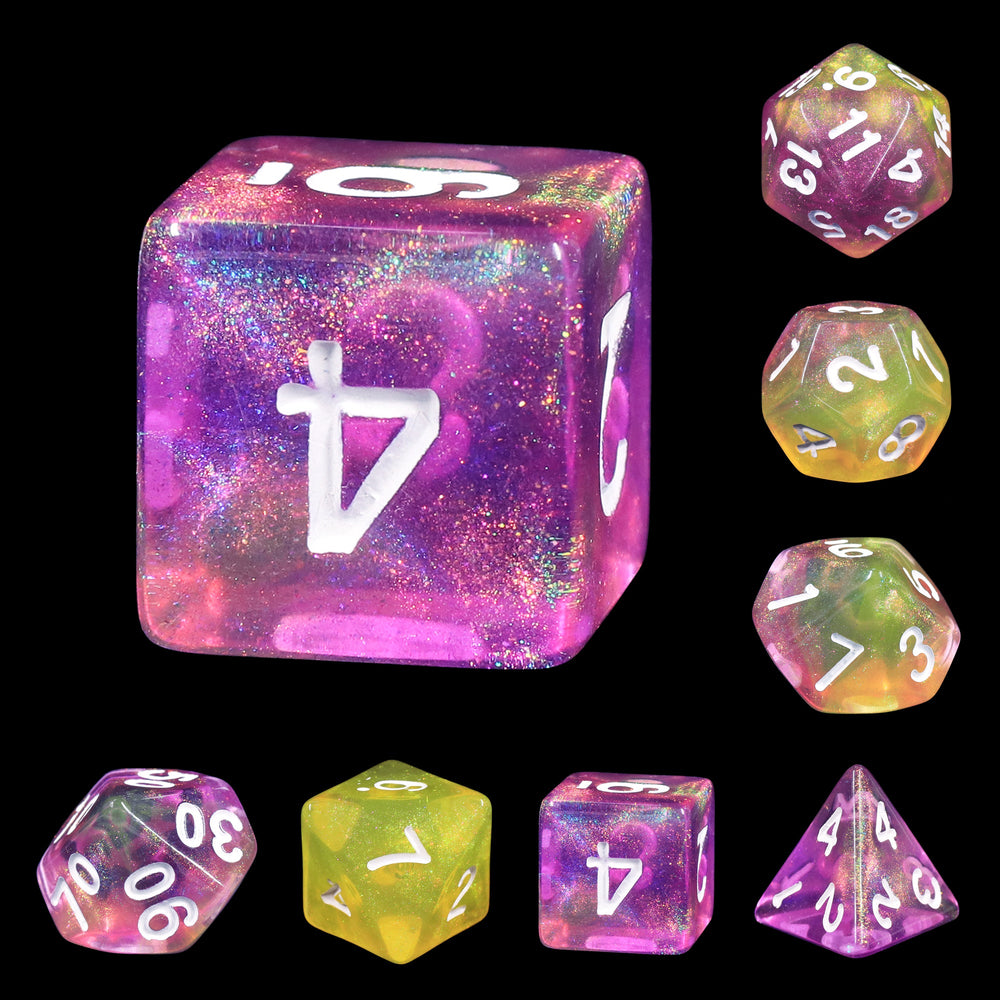 Lemon Jelly Purple/Yellow Glitter 7-Dice Set by HendgaDice (Online Only)
