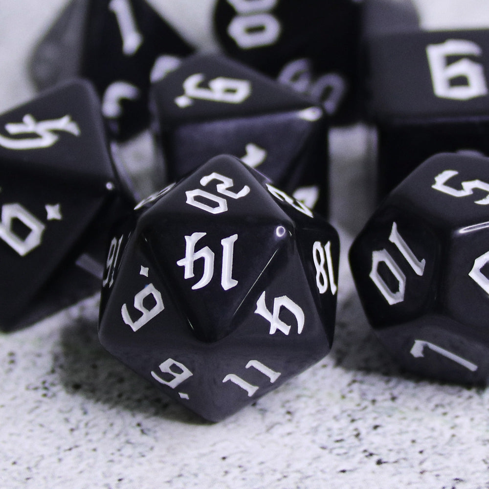 Economy Black Dice (White font) 7-Dice Set RPG DND (Online Only)