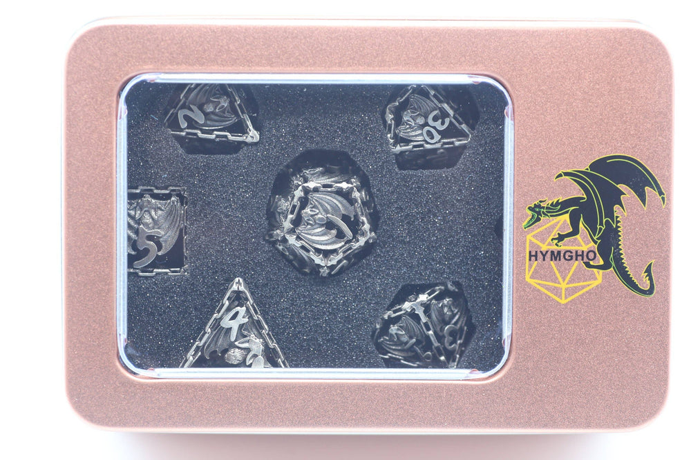 Ancient Silver Hollow Metal Bat Polyhedral Dice Set (ONLINE ORDER ONLY)