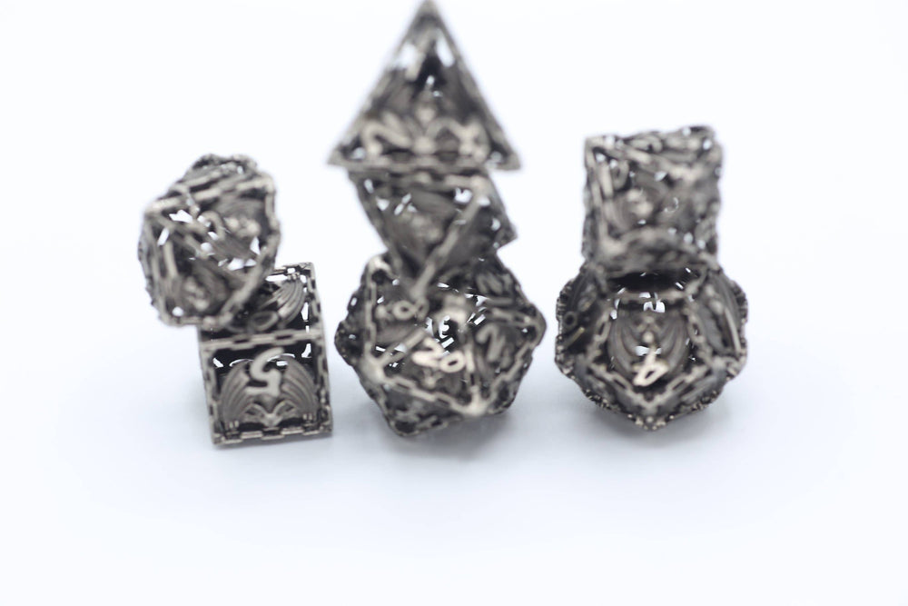 Ancient Silver Hollow Metal Bat Polyhedral Dice Set (ONLINE ORDER ONLY)