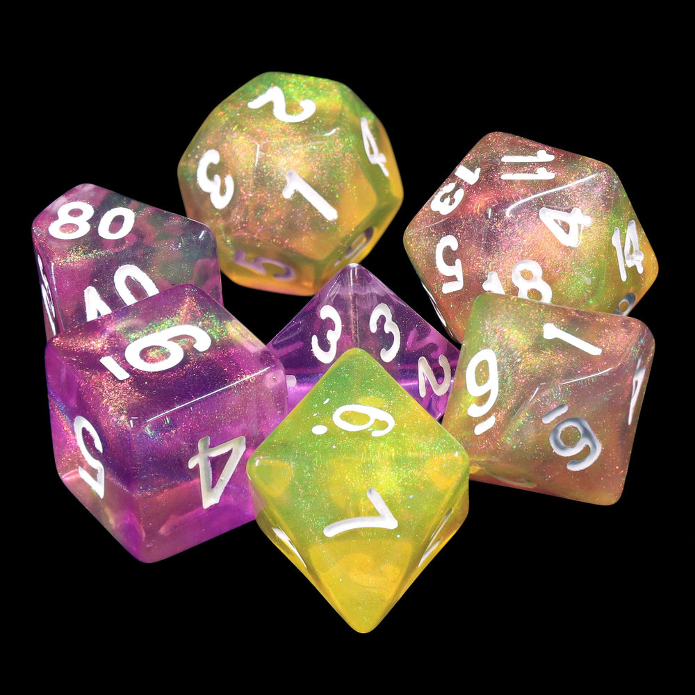 Lemon Jelly Purple/Yellow Glitter 7-Dice Set by HendgaDice (Online Only)