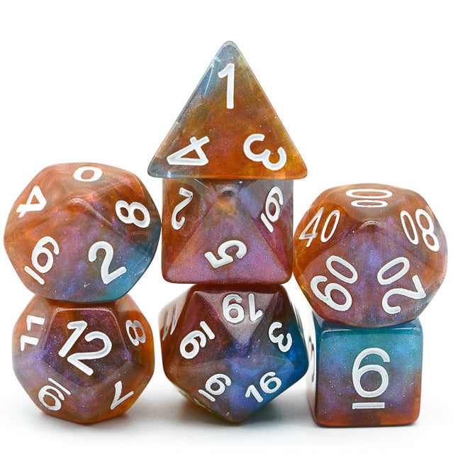 Brown & Blue w/white Galaxy Glitter 7-Dice Set RPG (Online Only)