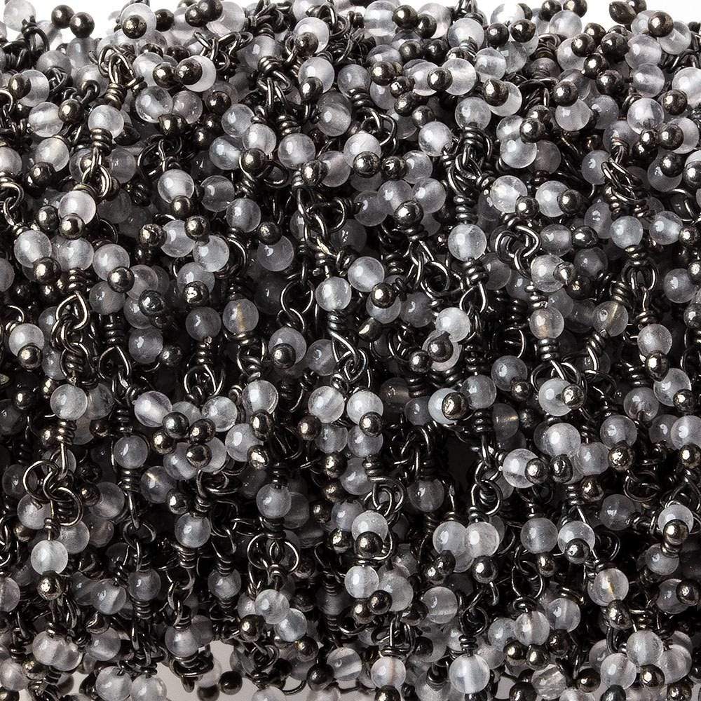 2mm Grey Chalcedony micro round Black Gold plated Dangling Chain by the foot (ONLINE ORDER ONLY)