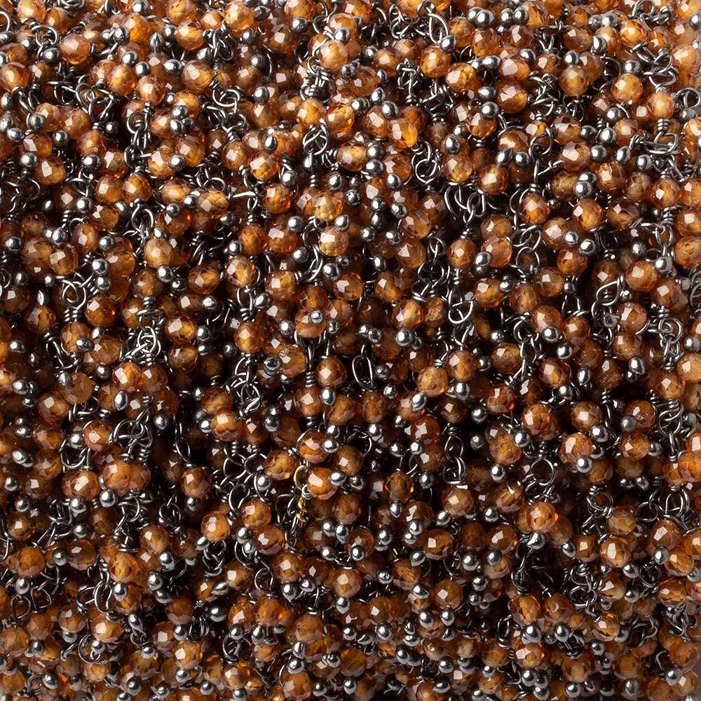 2mm Hessonite Garnet microfaceted round Black Gold Dangling Chain by the foot (ONLINE ORDER ONLY)