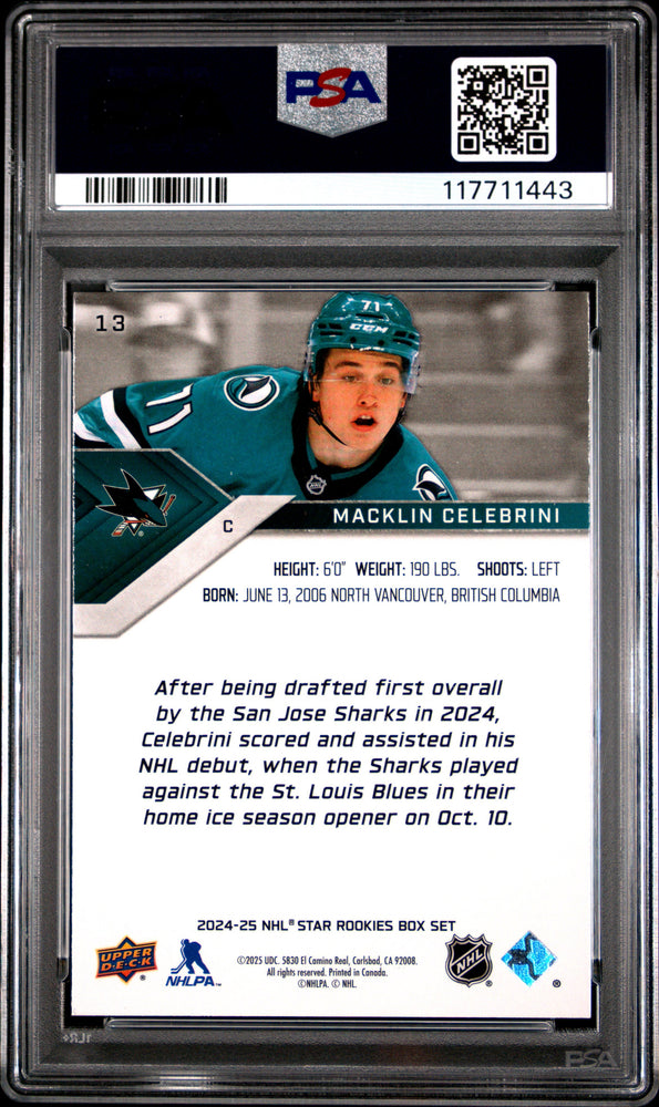 Graded 2024 Upper Deck Star Rookie Macklin Celebrini #13 Box Set Rookie RC Hockey Card PSA 8 Near Mint (ONLINE ORDER ONLY)