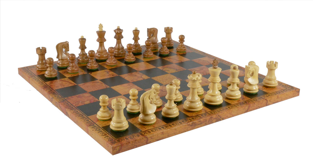 Chess Set - 3" Sheesham/Boxwood Opposite Tops on 15.5" Pressed Leather Map Board (ONLINE ORDER ONLY)
