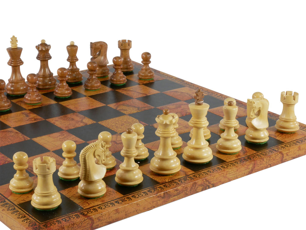 Chess Set - 3" Sheesham/Boxwood Opposite Tops on 15.5" Pressed Leather Map Board (ONLINE ORDER ONLY)