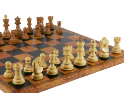Chess Set - 3" Sheesham/Boxwood Opposite Tops on 15.5" Pressed Leather Map Board (ONLINE ORDER ONLY)