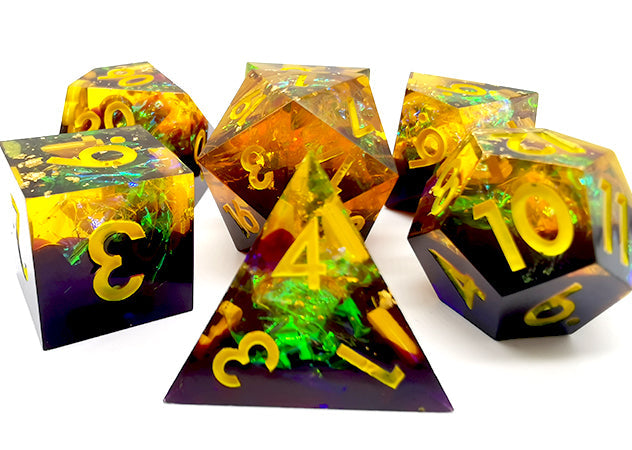 Starry Sky Yellow w/ Purple Shimmer 7-Dice Set Resin Sharp Edge RPG DND (Online Only)