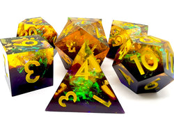 Starry Sky Yellow w/ Purple Shimmer 7-Dice Set Resin Sharp Edge RPG DND (Online Only)