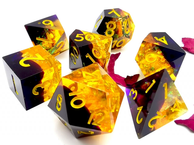 Starry Sky Yellow w/ Purple Shimmer 7-Dice Set Resin Sharp Edge RPG DND (Online Only)