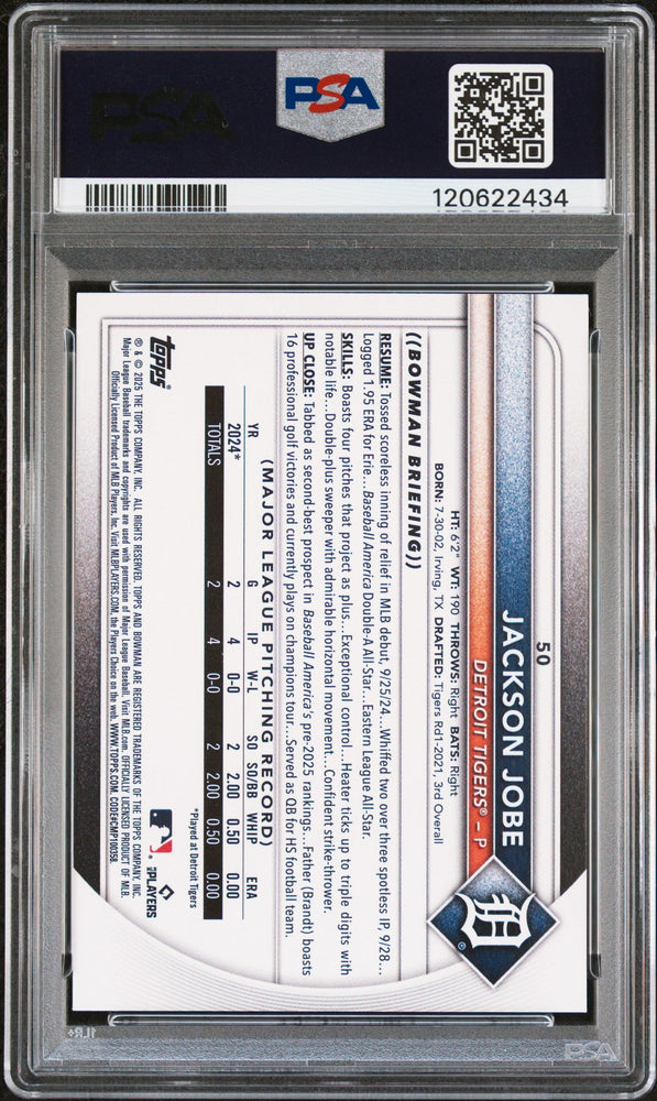 Graded 2025 Topps Bowman Jackson Jobe #50 Rookie RC Baseball Card PSA 8 Near Mint (ONLINE ORDER ONLY)