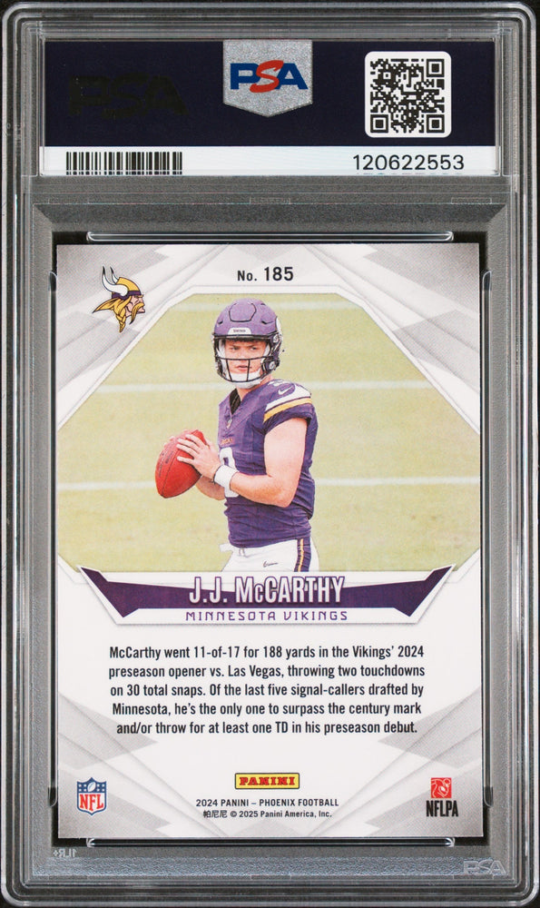Graded 2024 Panini Phoenix JJ McCarthy #185 Rookie RC Football Card PSA 9 Mint (ONLINE ORDER ONLY)
