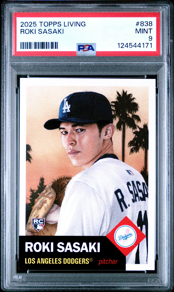Graded 2025 Topps Living Roki Sasaki #838 Rookie RC Baseball Card PSA 9 Mint (ONLINE ORDER ONLY)