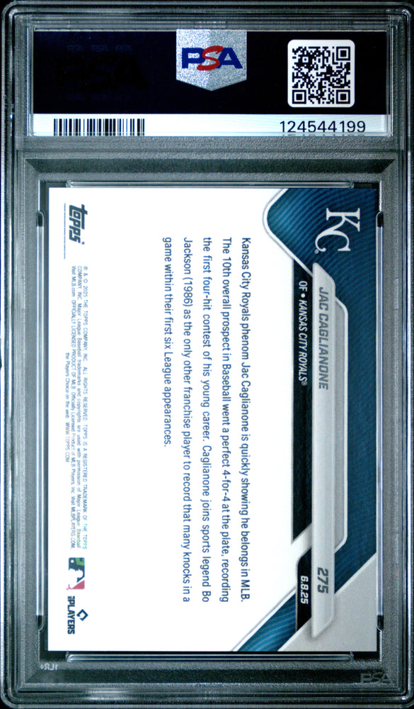 Graded 2025 Topps Now Jac Caglianone #275 Rookie RC Baseball Card PSA 10 Gem Mint (ONLINE ORDER ONLY)
